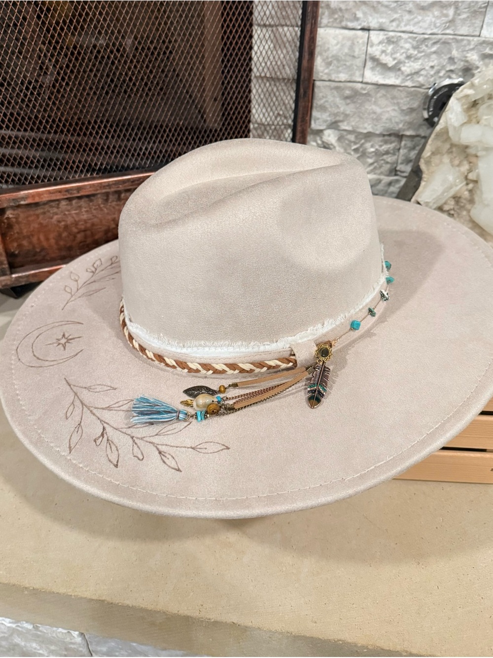 Boho Embellished Wide Brim Hat - Taupe